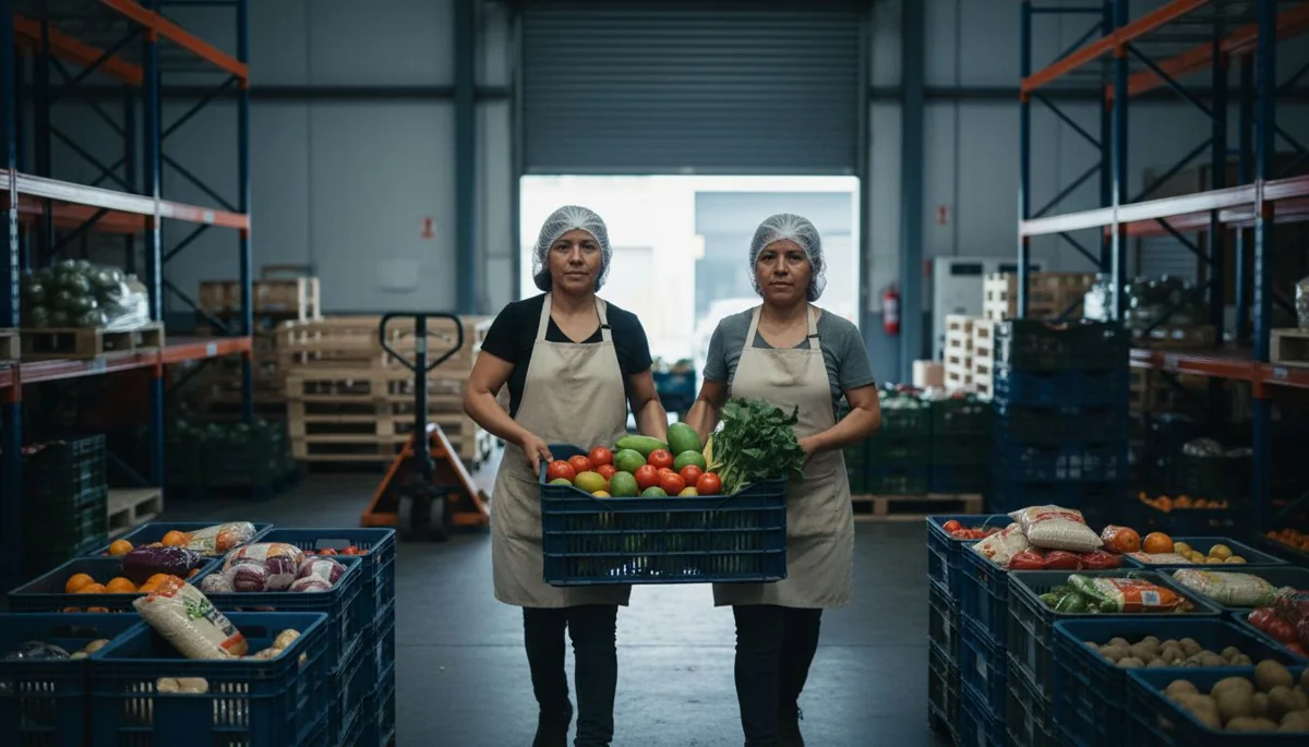 Banco de alimentos: dos voluntarias cargando una canastilla de frutas y verduras en la bodega