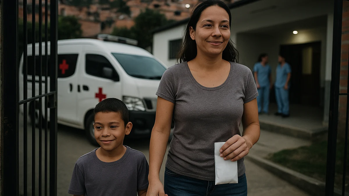 BDUA ADRES: madre e hijo saliendo atendidos de un puesto de salud de un barrio de Medellín