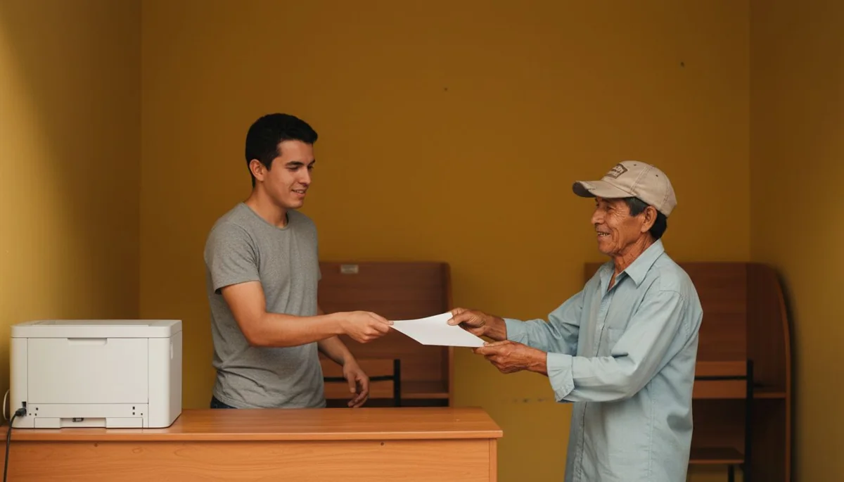 Certificado de la ADRES: hombre mayor colombiano recibiendo una hoja impresa en un café internet de barrio en Medellín
