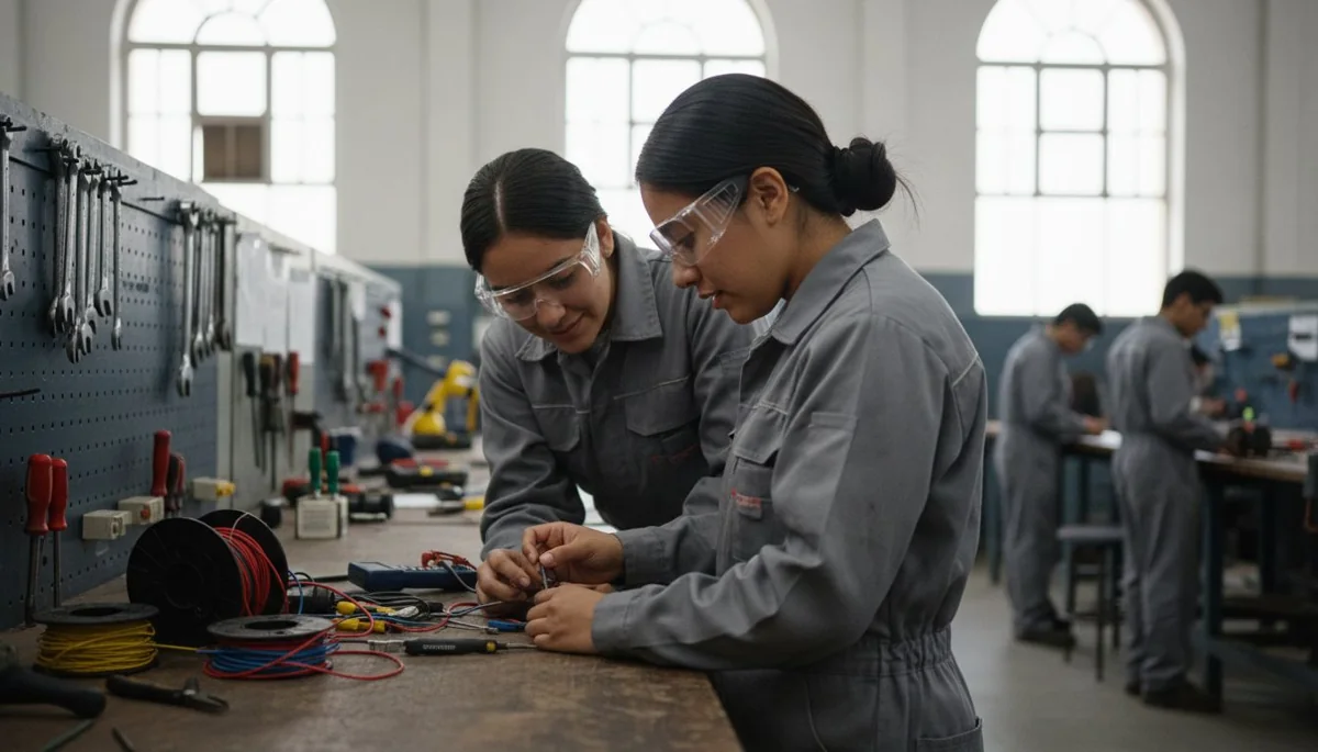 Convocatorias del SENA: dos aprendices colombianas cableando un tablero eléctrico en un taller de formación técnica