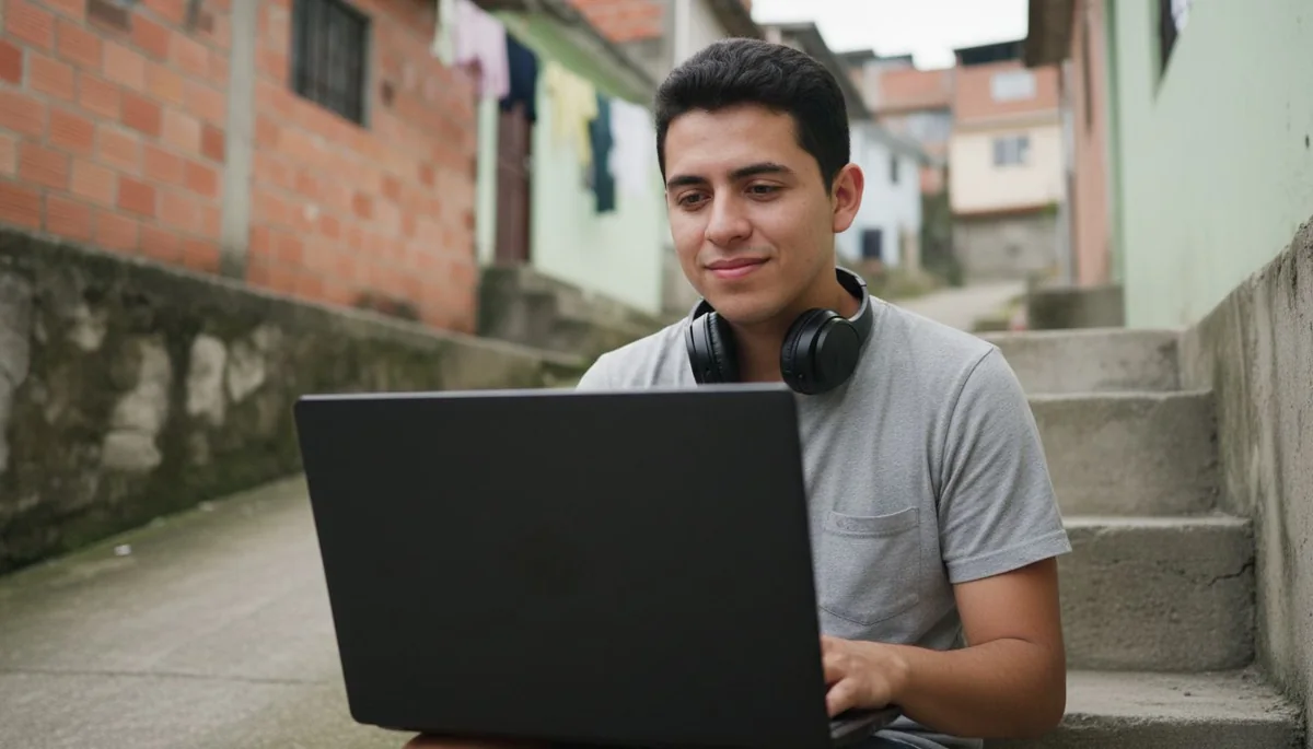 Cursos virtuales gratuitos del SENA: joven colombiano estudiando con un portátil en el escalón de su casa en un barrio de ladera de Medellín