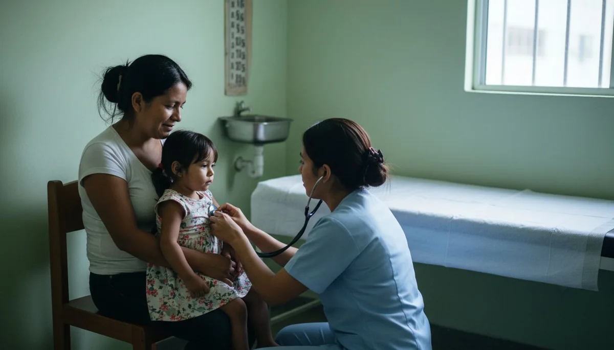 Fosyga y ADRES: enfermera atendiendo a una niña en el regazo de su mamá en un puesto de salud de barrio en Colombia