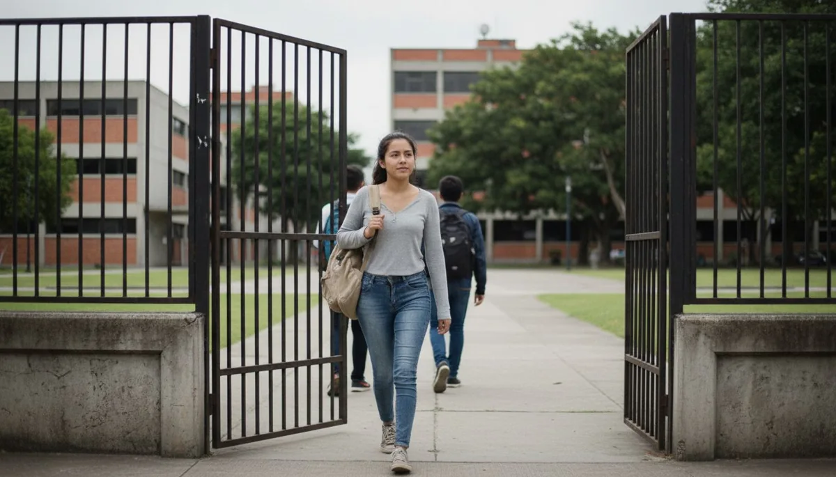 Generación E: estudiante colombiana entrando con su morral por la reja de una universidad pública en Medellín