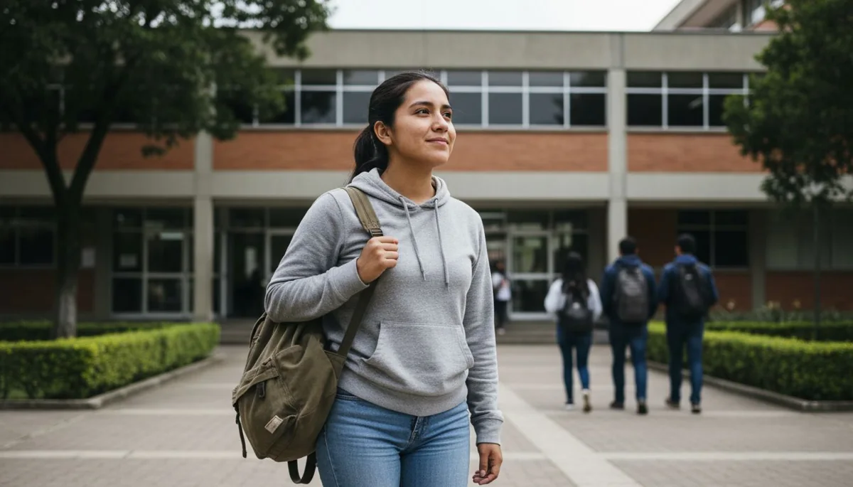 Solicitar ICETEX: una joven estudiante llegando a la entrada de su universidad pública en Colombia
