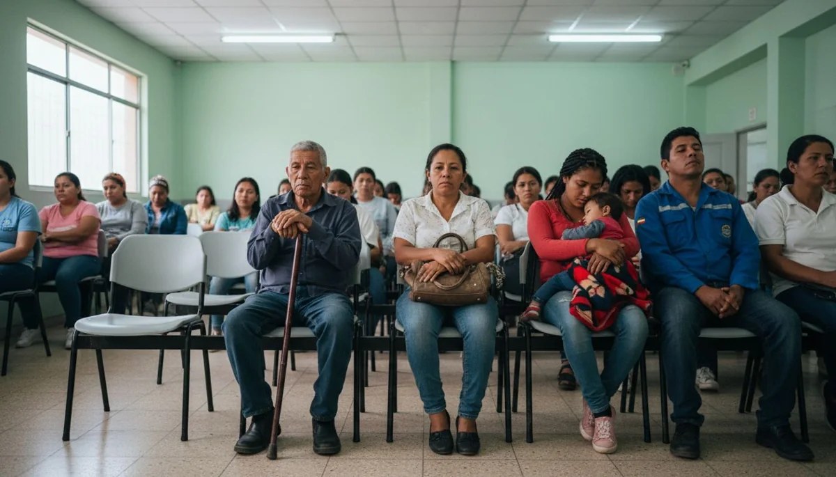 Traslado de EPS: sala de espera llena de una EPS en Colombia, con familias sentadas esperando turno